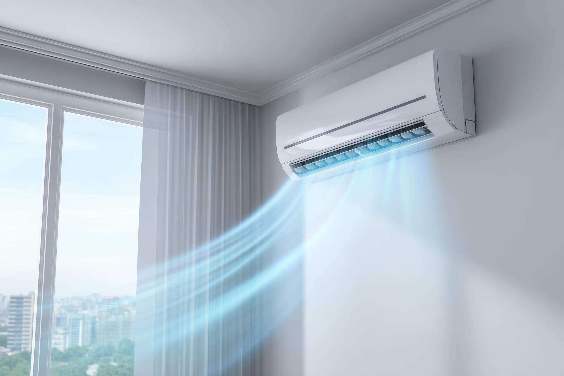 Modern air conditioning unit cooling a room with digital airflow graphics