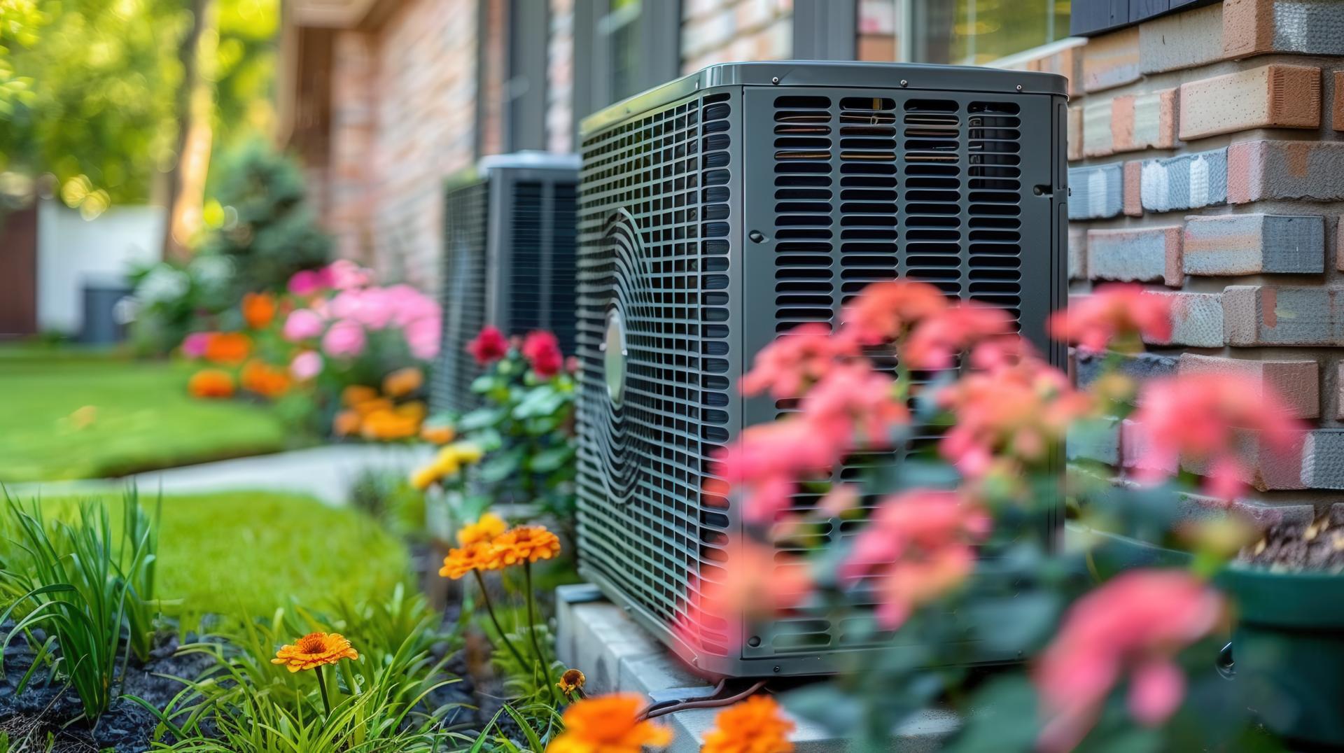 A bright, sunny view of a residential air conditioning unit near a flower garden, ready for summer.