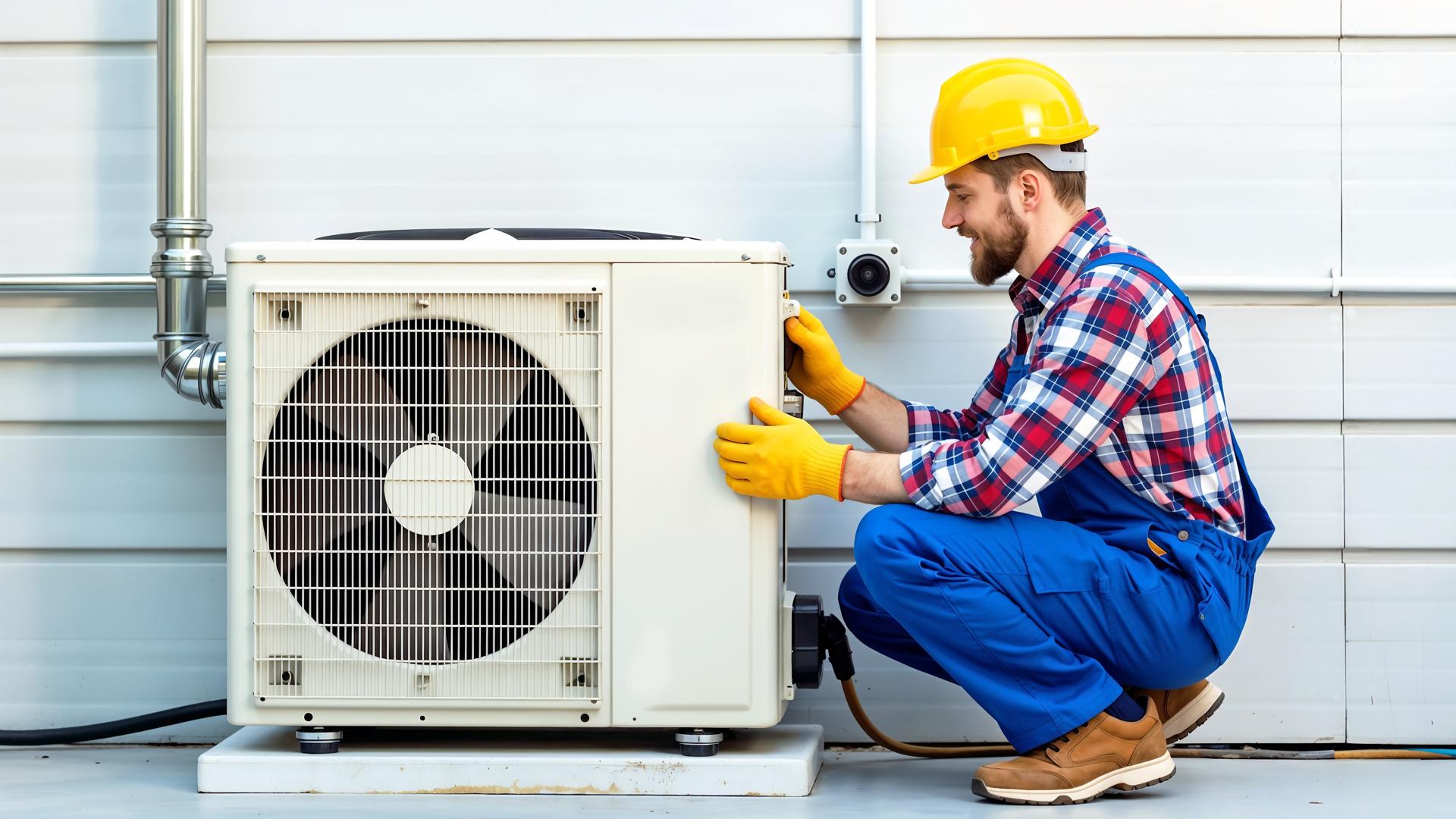 A man in overalls and hard hat working on a heat pump