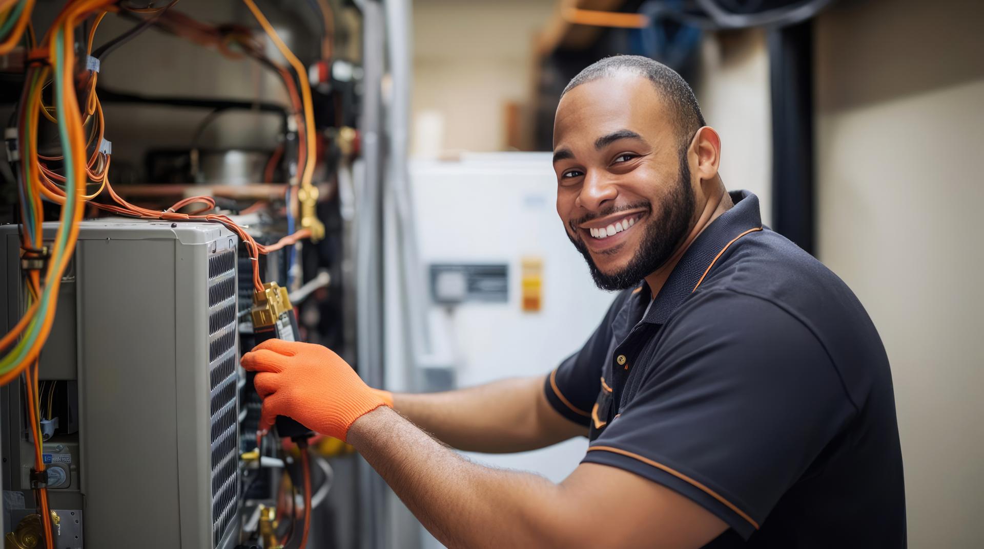 Technician servicing cooling unit in professional workshop during daytime hours