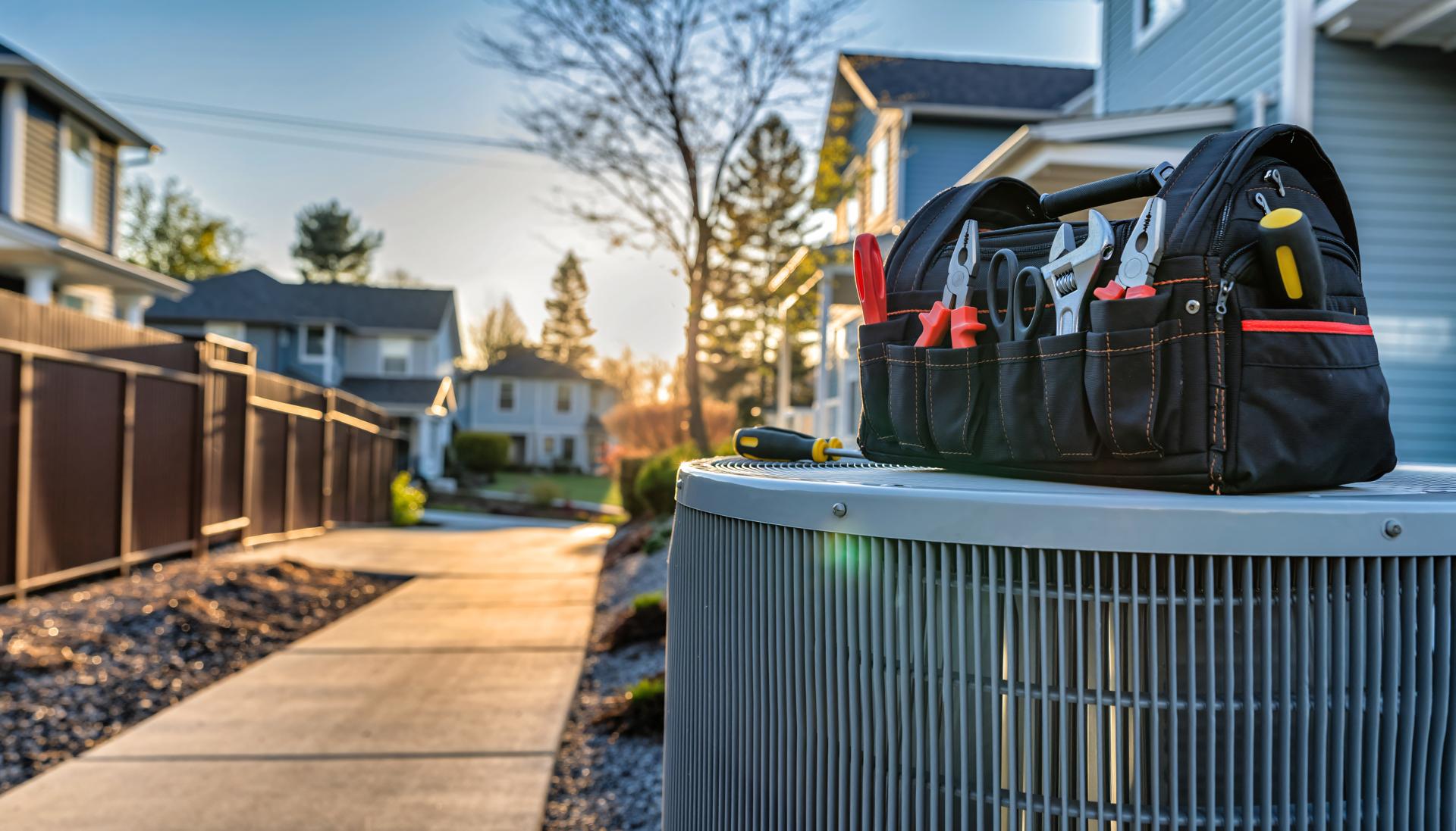 Professional HVAC Technician With Tool Bag On Air Conditioner Unit Outside Suburban House Ready For Repair Service