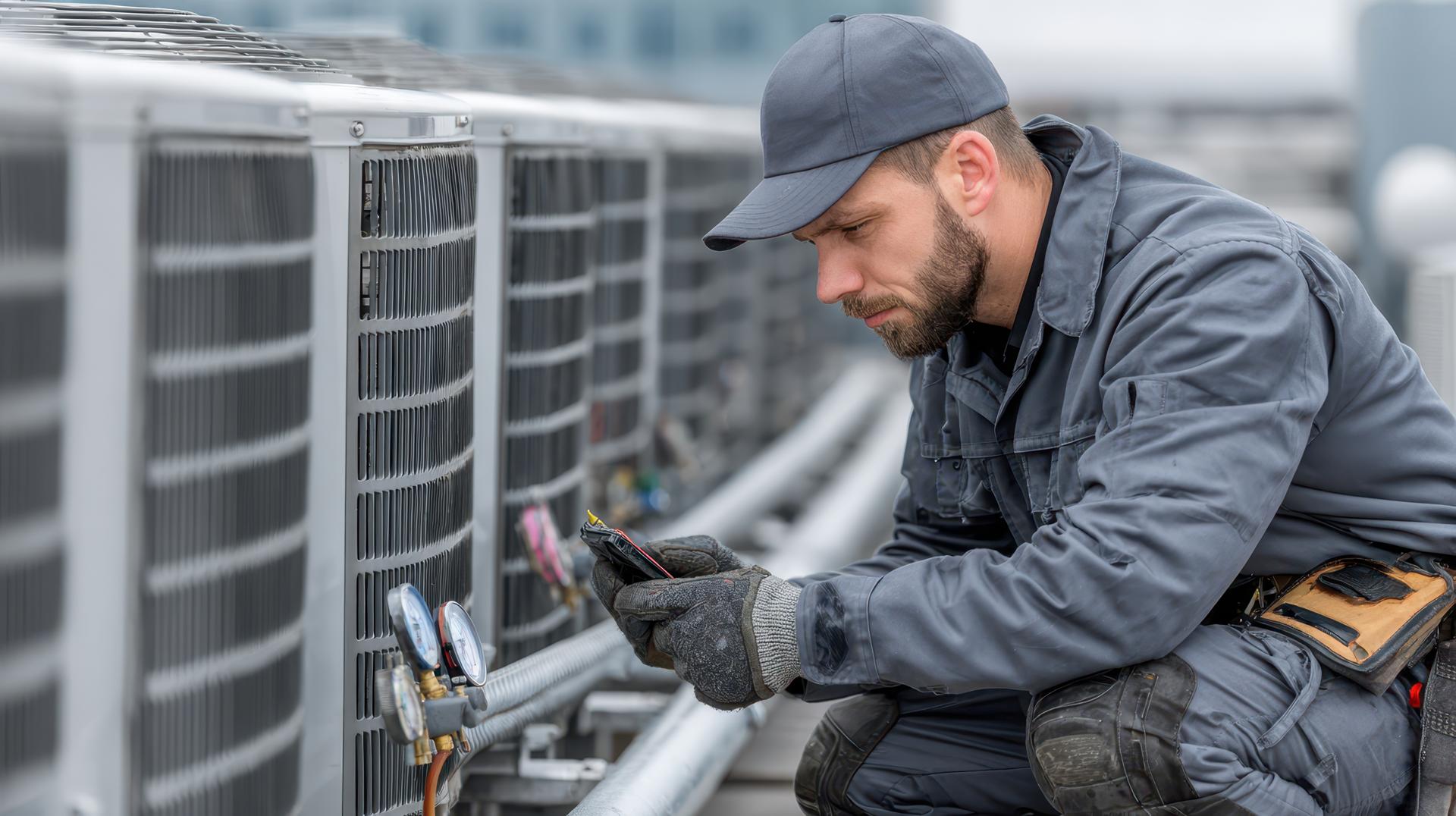 Worker in gray uniform and cap inspects HVAC system on rooftop, using tools and gauges for maintenance. He holds smartphone while kneeling beside metal units, focused on task
