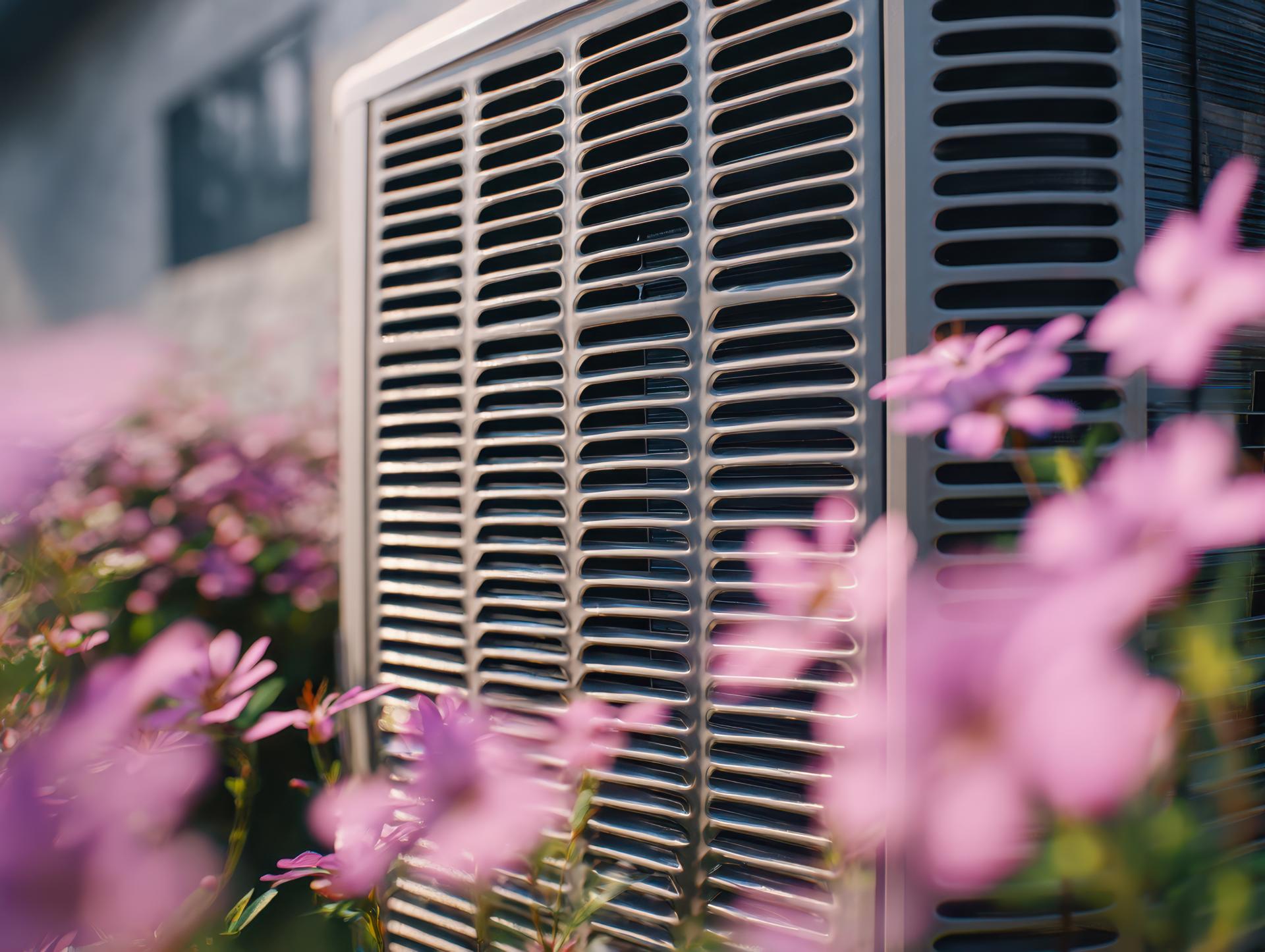 Outdoor heating or cooling unit surrounded by blooming pink flowers on a sunny day emphasizing energy efficiency in home landscaping design